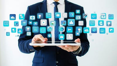 Illustration of a business professional using a tablet with various app icons
